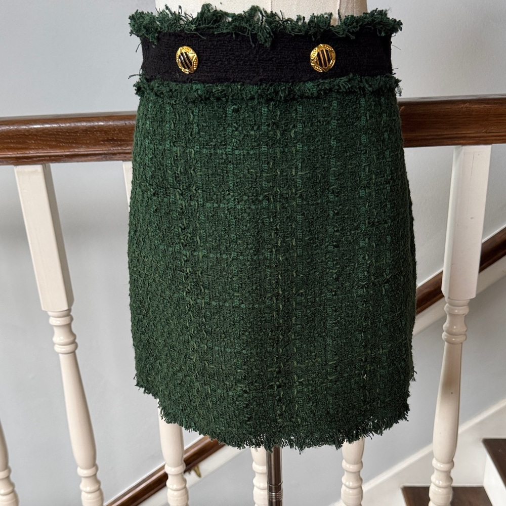 Zara Dark Green Tweed Pencil Skirt with Black Waistband